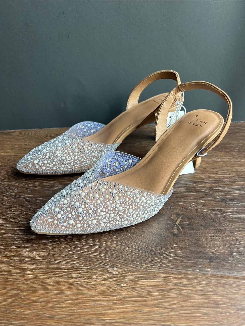 NWT a new day Sparkle Pointed Slingback Heels in Nude | Embellished Formal Heels
